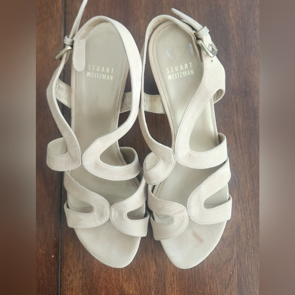 Stuart Weitzman Cream Nubuck Leather Caged Sandals With Wooden Heels Sz 8.5 M - Picture 6 of 7